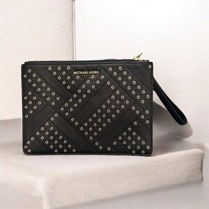 Michael Kors Black Quilted Leather Grommet Eyelet Wristlet Clutch Bag Gold Tone